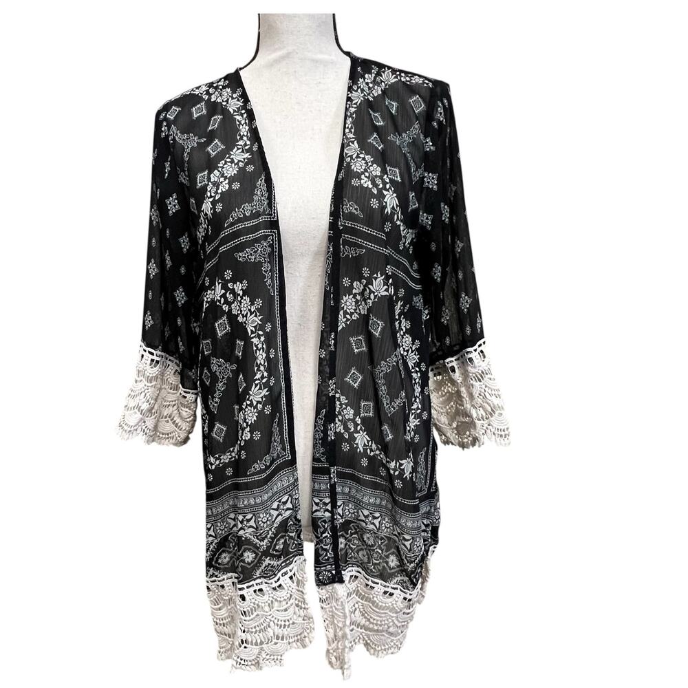 Jolt Duster Black White Kimono Cardigan Crochet Lace Trim Sheer Medium